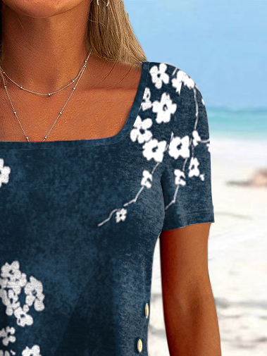 Floral Square Neck Casual Short Sleeve Tops