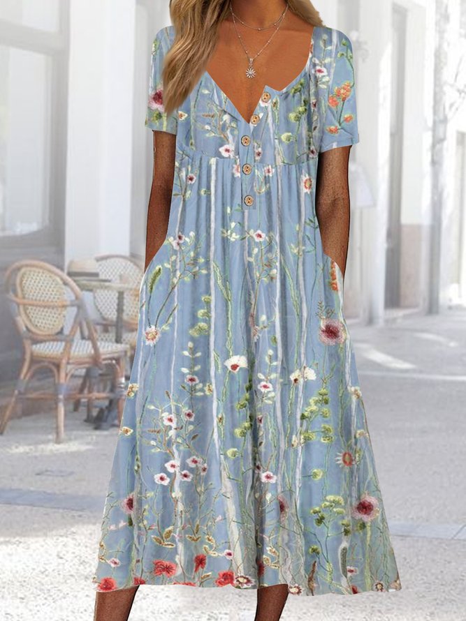 Women's Gradient Flower Loose Long Dress Half Open Button Pocket Dress