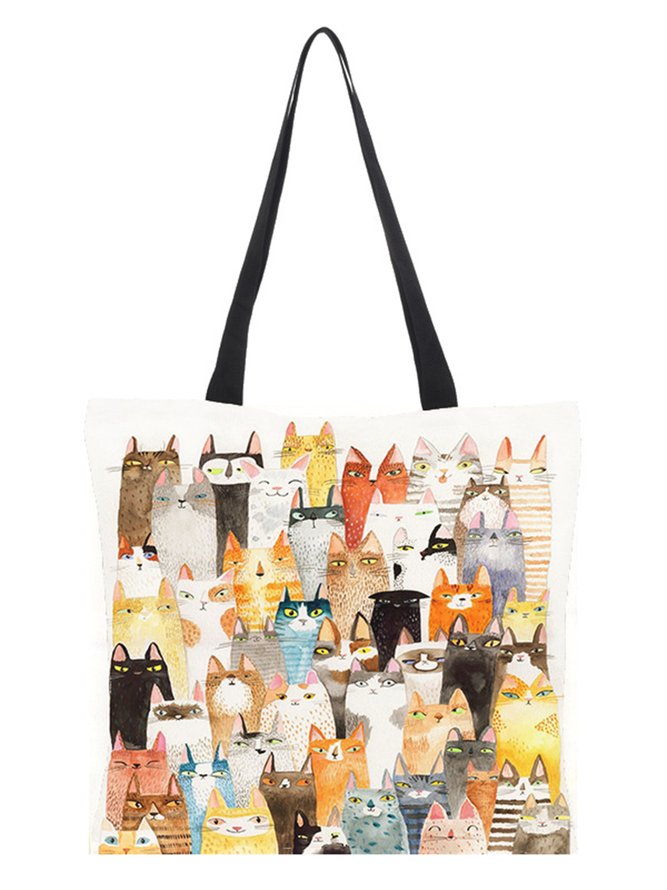 Women Casual All Season Cat Canvas Wearable Standard Tote Canvas Regular Shoulder Bag