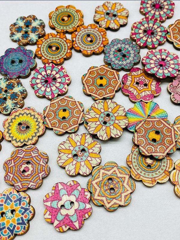 50Pcs Ethnic Pattern Wooden Buttons DIY Accessories Sets Handmade