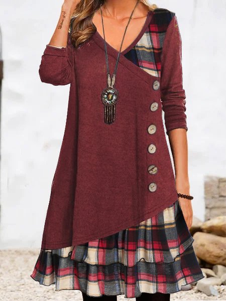 Women Geometric Casual Autumn V neck Natural Loose Midi A-Line Regular Dress