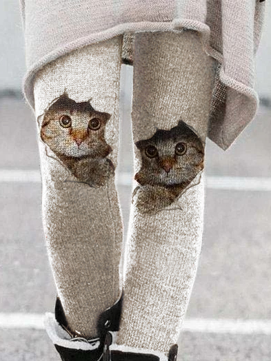 Cat Elastic Waist Printed Casual Pants Leggings