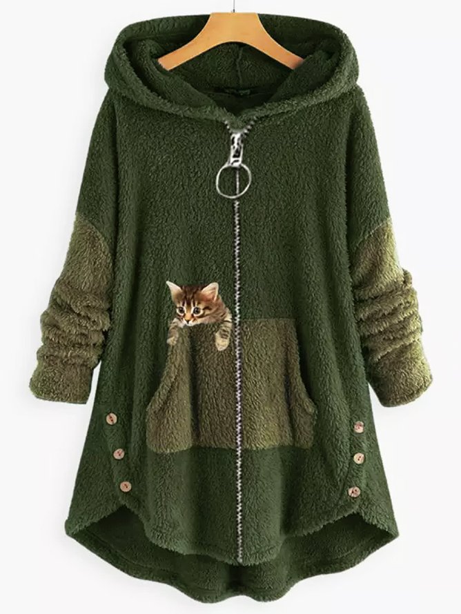 Color Block Regular Fit Casual Winter Cat Coat