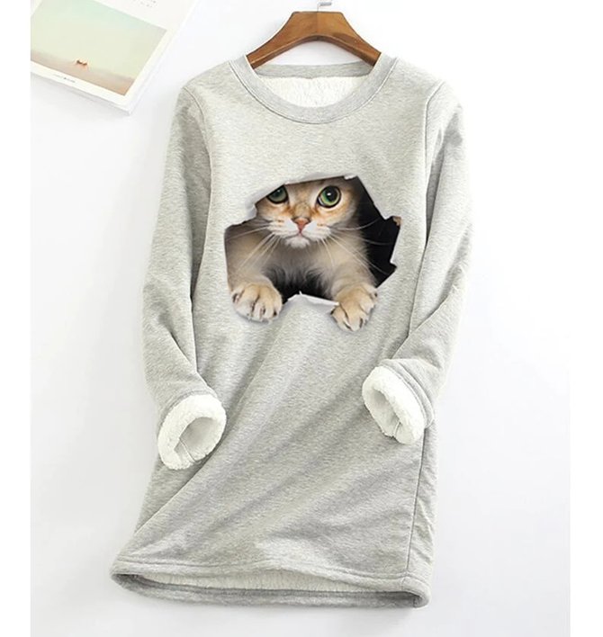 ANNIECLOTH Women Crew Neck Cat Casual Warmth Long Sleeve Sweatshirt