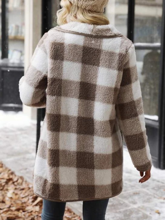 Fluff/Granular Fleece Fabric Casual Plaid Teddy Coat