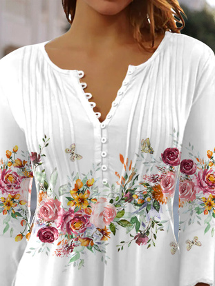 Women T-Shirt Floral Tunic V Neck Regular Fit Casual