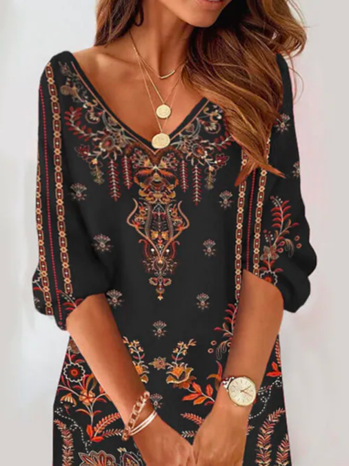 Women's Casual Loose V Neck Ethnic Dress