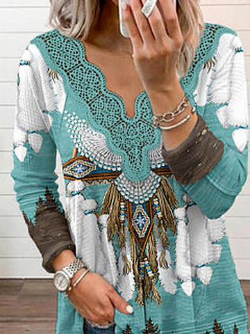 Women's V Neck Casual Cotton-Blend Ethnic Tunic Top