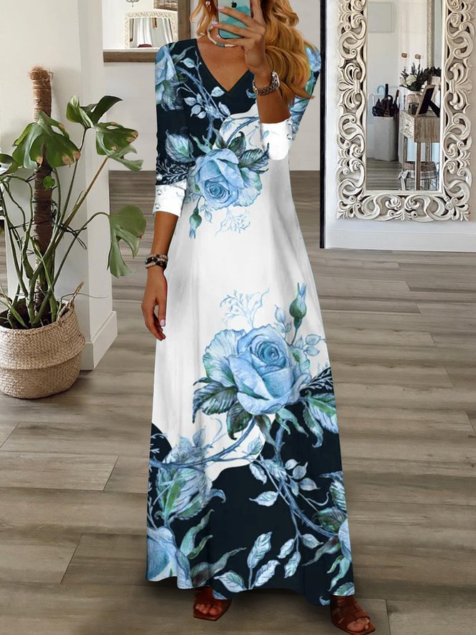 Women Maxi Dress Floral V Neck Pink Green Blue Yellow Casual