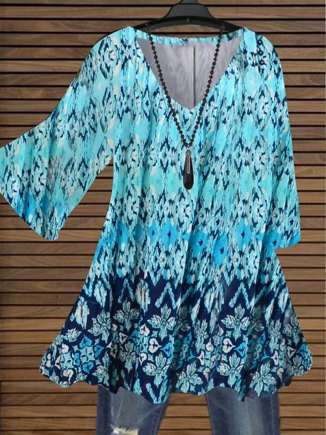 Casual Ethnic V Neck Loose Top