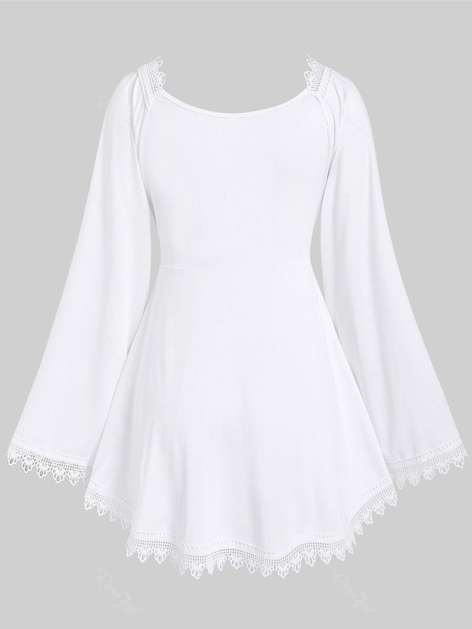 Lace V Neck Cotton-Blend Casual Plain T-Shirt