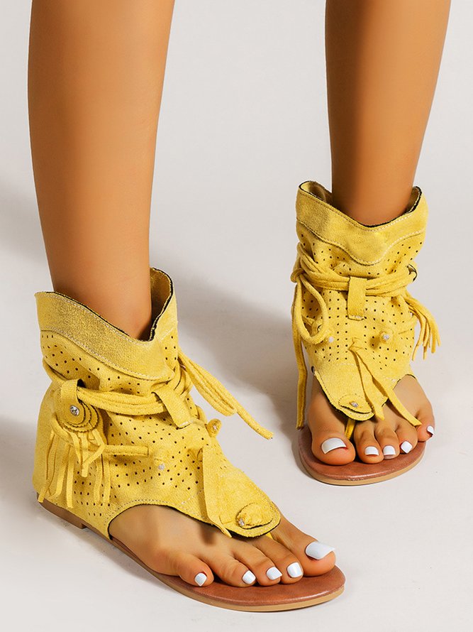 Retro Flat Tassel Cutout Thong Sandals