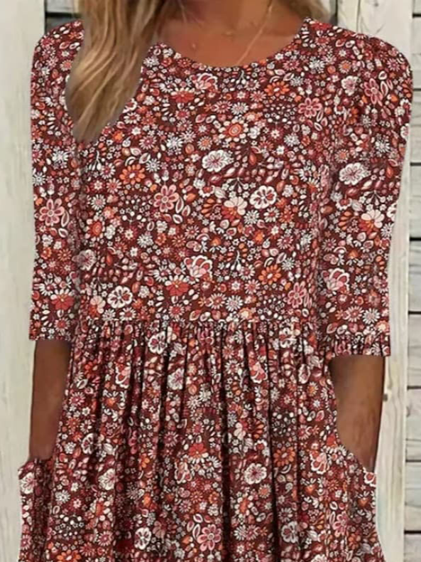 Casual Disty Floral Knitted Crew Neck Dress