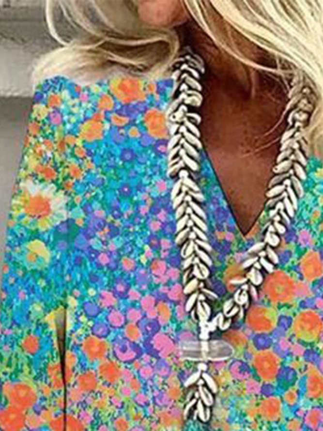 Women's Boho V Neck T-Shirt Vacation Floral Half Sleeve Tops