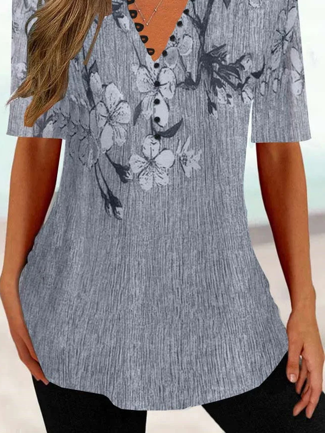 Women's Casual Tunic Regular Fit Floral V Neck Shirt Gray Green Pink