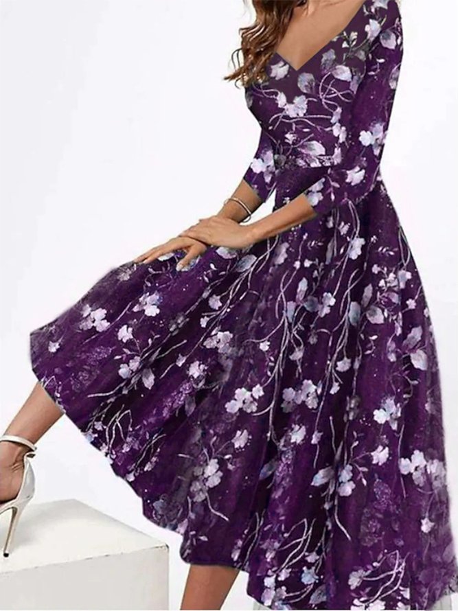 Women's Elegant V Neck Floral Swing Dress