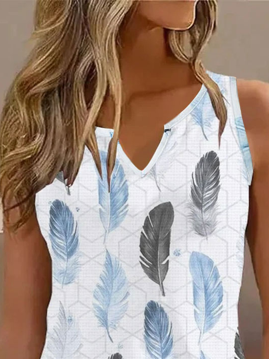 Feather Pattern Cotton Casual Tank Top