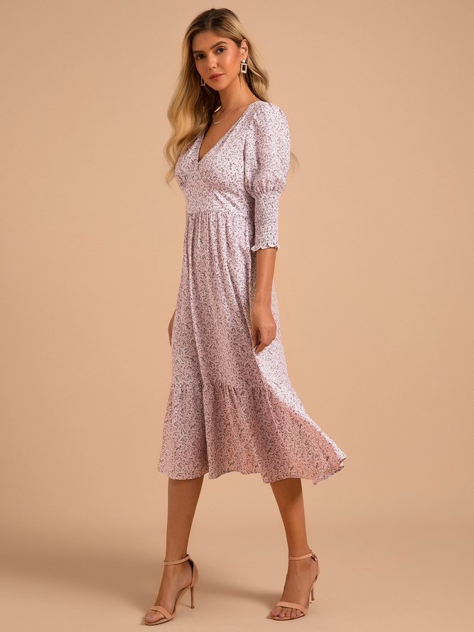 Light Purple Floral Half Sleeve Flounce Chiffon Dresses Clothing