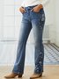 ANNIECLOTH Casual Embroidered Floral Denim Jeans