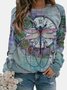 ANNIECLOTH Dragonfly Floral Print Long Sleeve Round Neck Sweatshirt & Hoodies