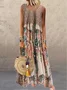 Vintage Floral Printed O-neck Sleeveless Maxi Dress