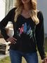 Casual and simple feather print long-sleeved polyester cotton T-shirt