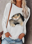 Casual Cute Cat Pattern Crew Neck Shift Long Sleeve Shirts & Tops