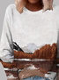 Landscape Painting Cotton Blends Crew Neck Sweatshirt