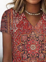 Women's V Neck T-Shirt Ethnic Casual Tops Red Green Yellow
