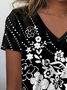Women's V Neck T-Shirt Contrasting Floral Casual Tops