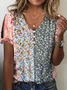Women's Floral V Neck T-shirt Loose Disty Casual Shirt Pink