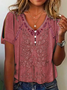 Ethnic Buttoned T-Shirt for Women Casual V Neck Western Style Tops
