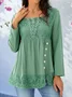 Women's Square Nek T-Shirts Ethnic Boho Lace Buttoned Loose Tops Green Pink Gray