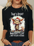 Women Cat Crew Neck Cotton-Blend Long Sleeve Casual Daily Spring/Fall Blouse