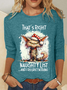 Women Cat Crew Neck Cotton-Blend Long Sleeve Casual Daily Spring/Fall Blouse