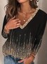 Women's Sequined Rhinestone Long Sleeve Casual Basic V Neck T-Shirt