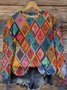 Retro angular grid floral round neck pullover sweatshirt