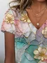 Women's Spring and Summer Floral Print Casual V-Neck Short Sleeve T-Shirt