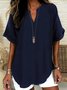 Women Plain Shawl Collar Cotton Half Sleeve Casual Daily Summer Blouse