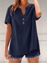Women's Long Sleeve Shirt Spring/Fall Lake Blue Plain Linen Blend V Neck Daily Going Out Casual Top