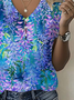 Women's Floral Print Pearl Button V-Neck Short Sleeve T-Shirt