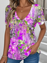 V Neck Loose Ethnic Botanical Pattern T-Shirt