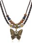 Artistic Retro Butterfly Alloy Multi-layer Wooden Beads Knotted Pullable Hand-woven Necklace