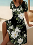 Women's Short Sleeve Summer Black Floral Printing V Neck Daily Going Out Casual Midi A-Line Fit & Flare Dress Dress