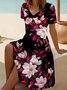 Women's Short Sleeve Summer Black Floral Printing V Neck Daily Going Out Casual Midi A-Line Fit & Flare Dress Dress