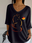 Women Cat Crew Neck Cotton Three Quarter Sleeve Vintage Daily Spring/Fall T-shirt