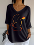Women Cat Crew Neck Cotton Three Quarter Sleeve Vintage Daily Spring/Fall T-shirt