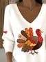 Women Turkey V Neck Cotton Long Sleeve Vintage Holiday Spring/Fall Hoodie