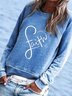 Blue Long Sleeve Crew Neck Casual Cotton-Blend Tops
