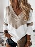Casual Color-Block V Neck Long Sleeve Sweater